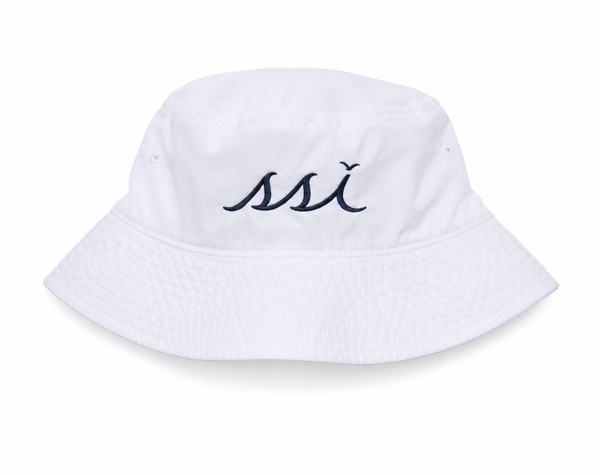 St. Simons Island White Bucket Hat Navy Logo — Size Small