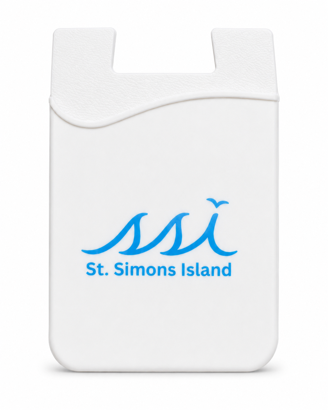 St. Simons Island White Silicone Phone Card Holder — Light Blue SSI Logo