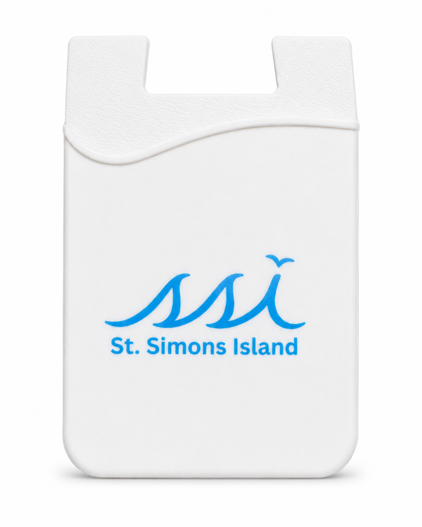 St. Simons Island White Silicone Phone Card Holder — Light Blue SSI Logo