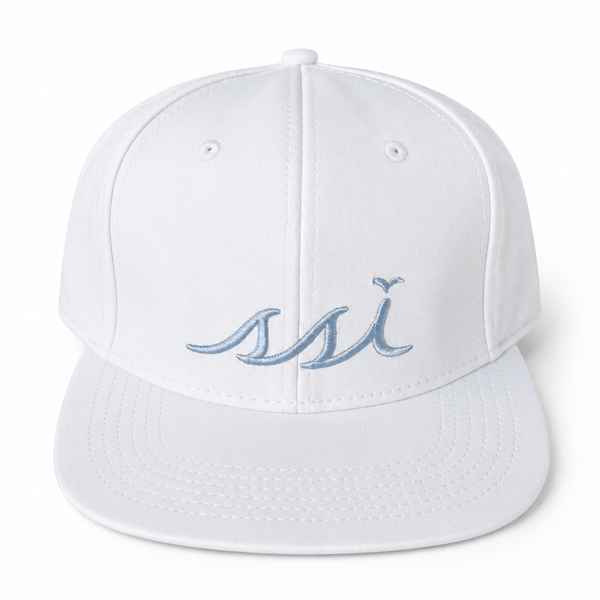 White St. Simons Island Crab Print Hat — Light Blue SSI Logo