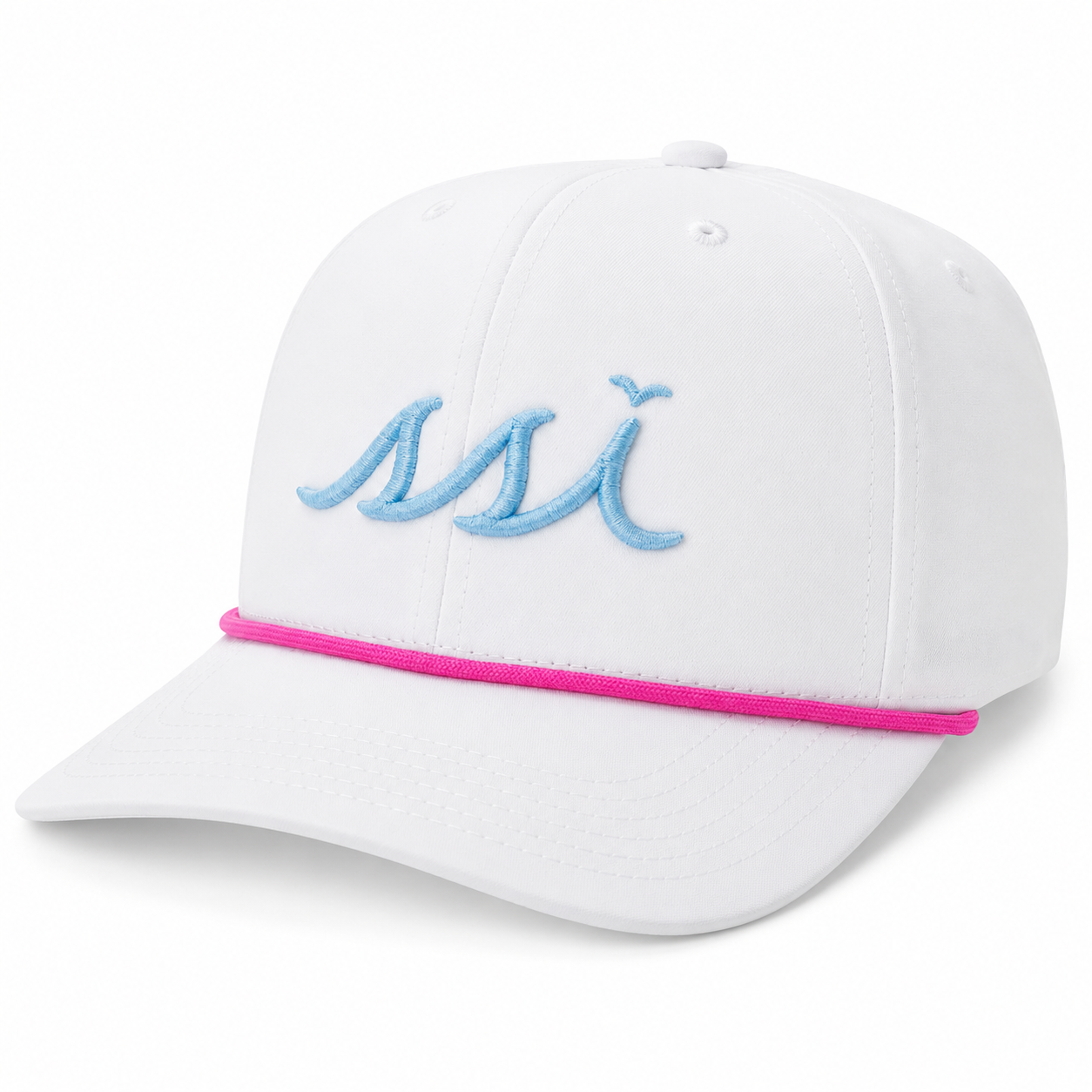 White St. Simons Island Rope Hat — Light Blue Raised SSI Logo