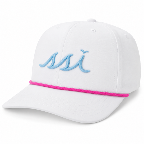White St. Simons Island Rope Hat — Light Blue Raised SSI Logo