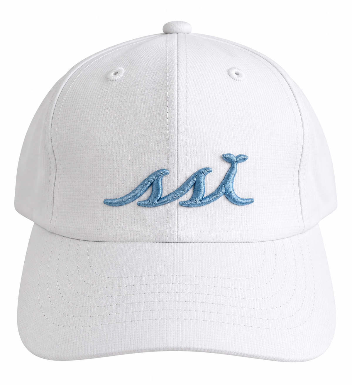 White St. Simons Island small fit hat with light blue raised SSI logo, front view.