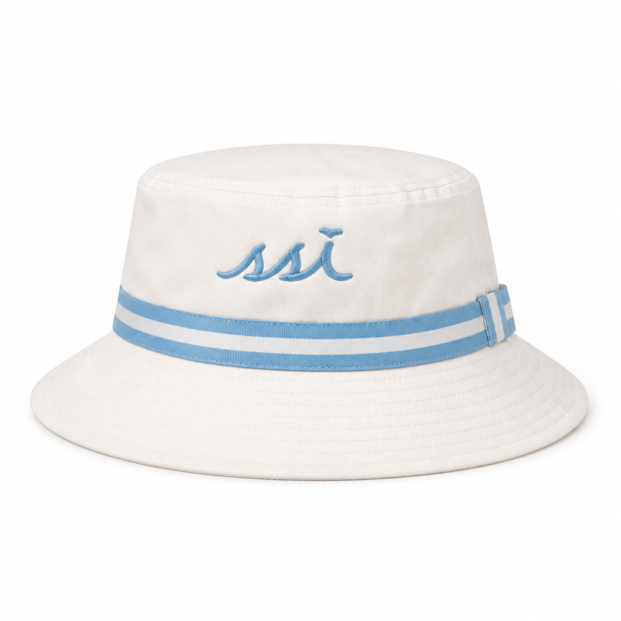 Coastal White Bucket Hat — Sky Blue Striped Band