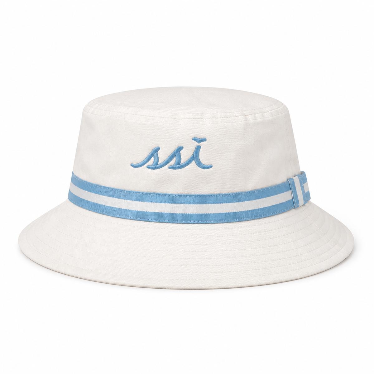 Coastal White Bucket Hat — Sky Blue Striped Band