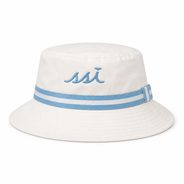 Coastal White Bucket Hat — Sky Blue Striped Band
