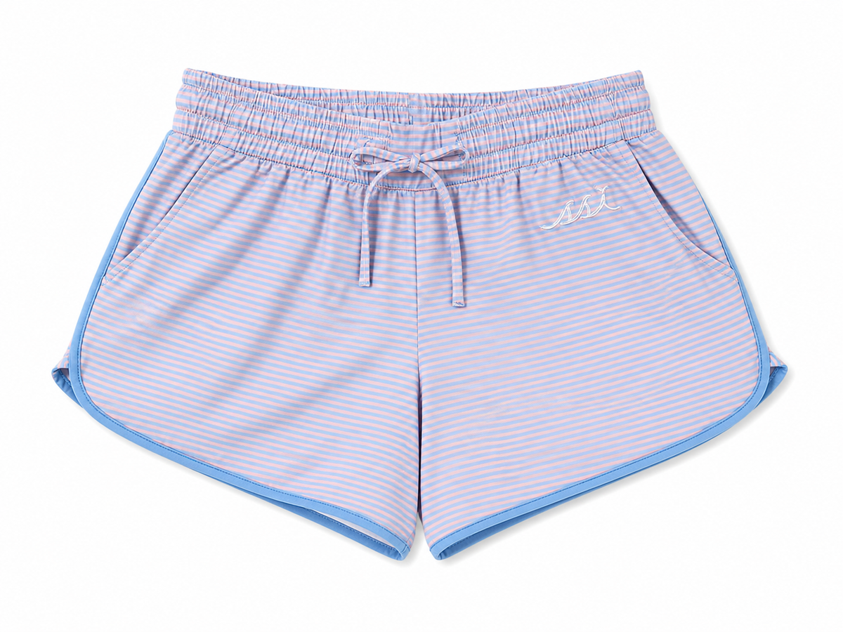Women's Blossom Pink and Blue St. Simons Island Striped Pajama Set — Short Sleeve Top and Shorts