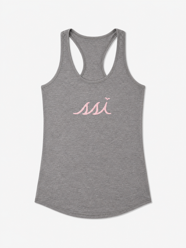 Women's Heathered Gray Racerback Tank Top — Peach SSI Logo