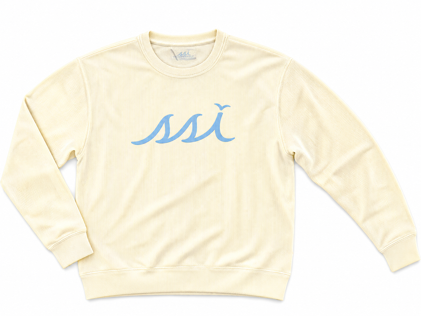 Women's chicka-d Yellow St. Simons Island Corded Crewneck Sweatshirt — Light Blue SSI Logo