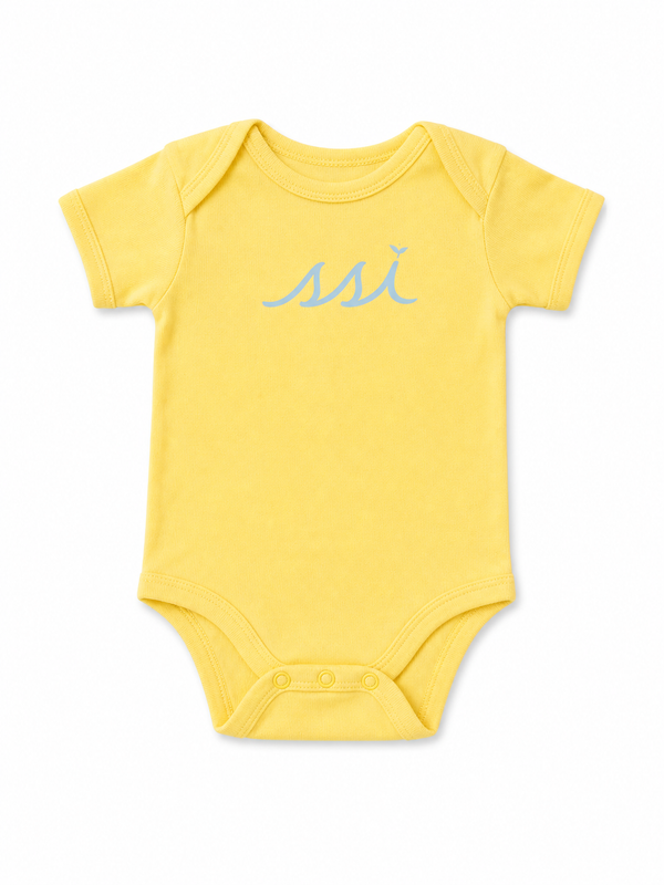 Baby Sunshine Yellow Onesie — Sky Blue SSI Logo