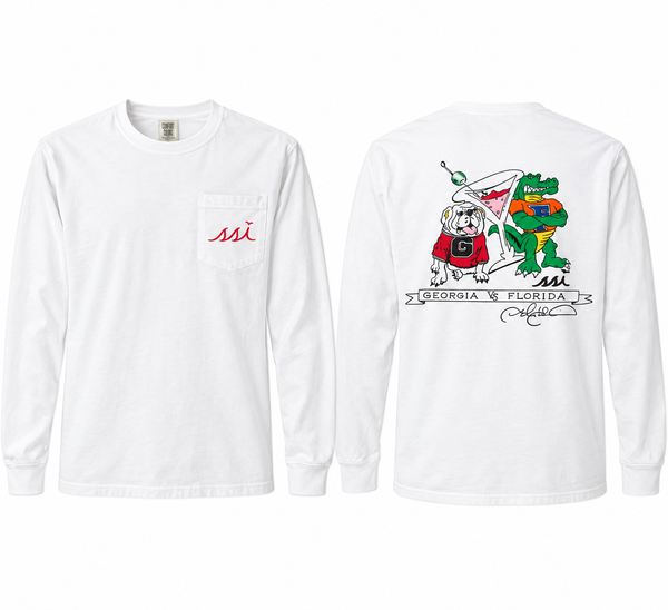 Georgia vs. Florida Cocktail Party Pocket Long Sleeve T-Shirt – White Comfort Colors Tee