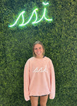 Corded Crew Sweatshirt Urban Pink color- Drink Happy Thoughts on Back