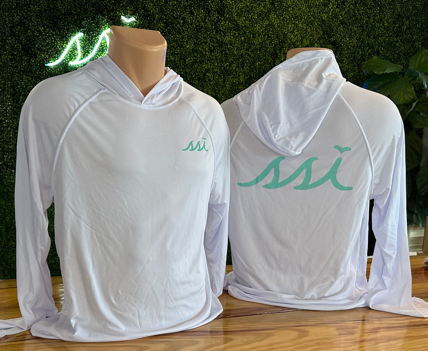 SPF 50 White Sun Shirt Hoodie, Aqua Logo on Left Chest, Aqua Logo on Back, Long Sleeve A4