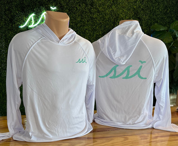 SPF 50 White Sun Shirt Hoodie, Aqua Logo on Left Chest, Aqua Logo on Back, Long Sleeve A4