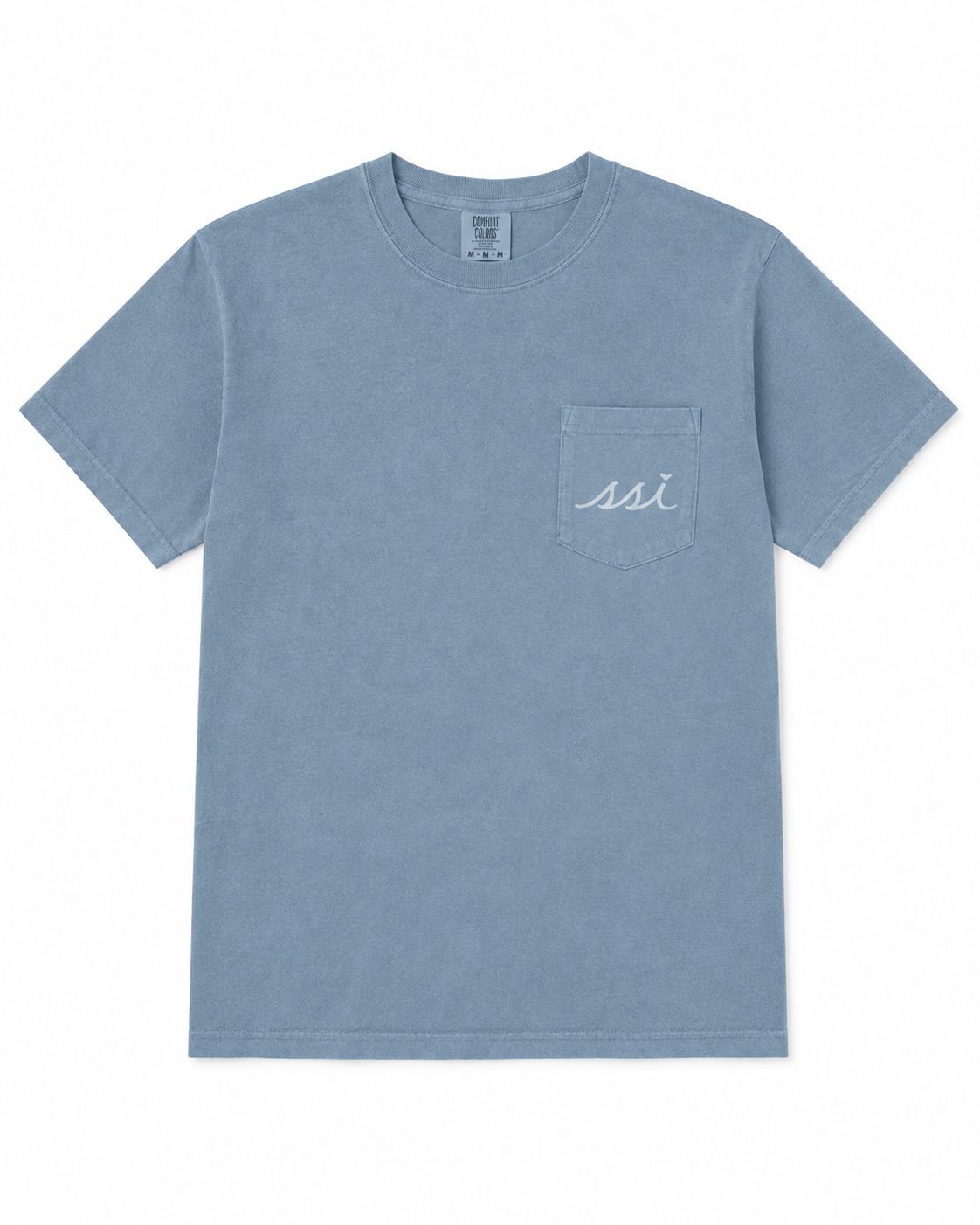 Blue Jean St. Simons Island Marsh Drone Comfort Colors Pocket T-Shirt — Gray SSI Logo