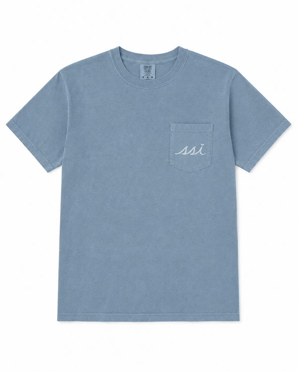 Blue Jean St. Simons Island Marsh Drone Comfort Colors Pocket T-Shirt — Gray SSI Logo
