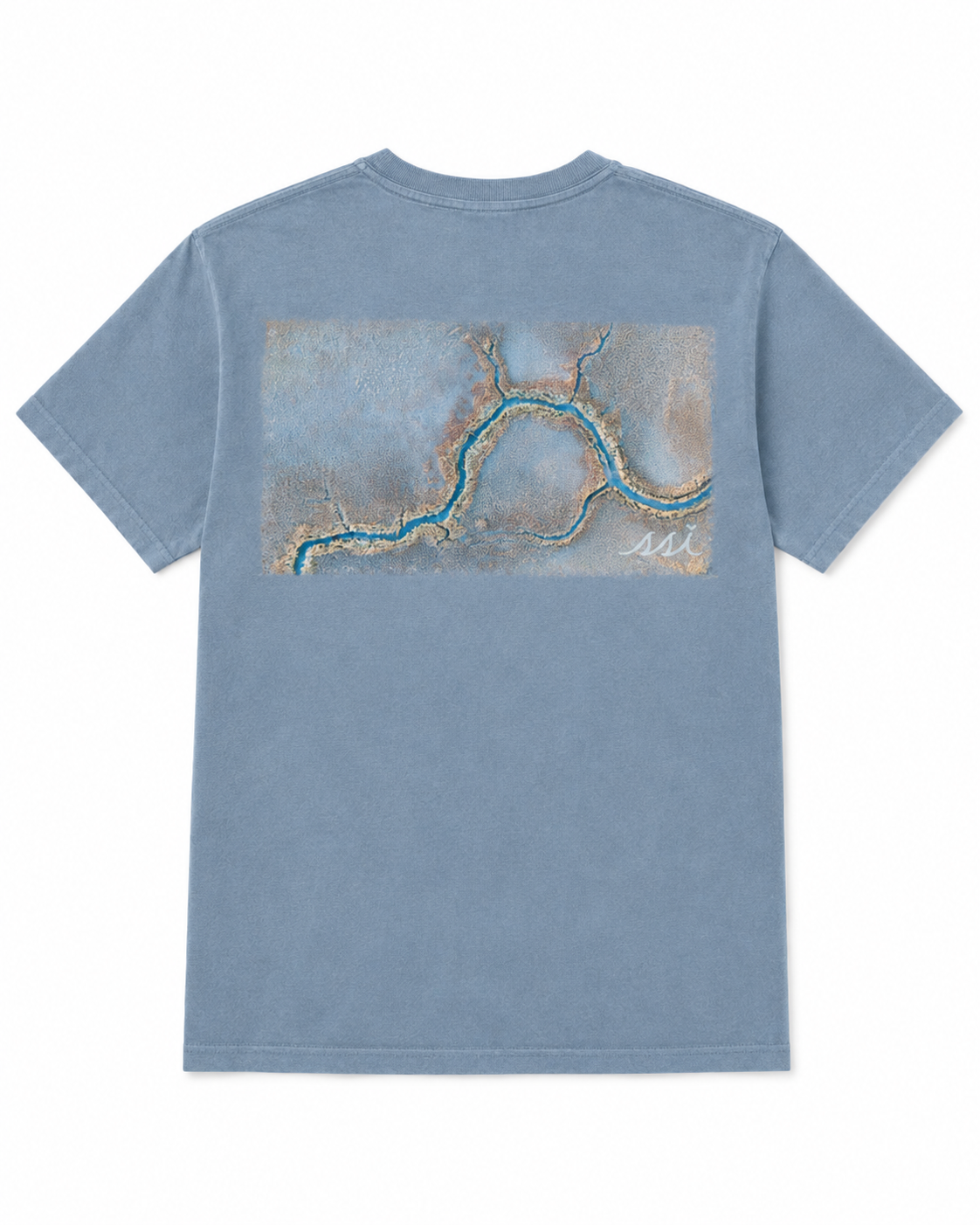 Blue Jean St. Simons Island Marsh Drone Comfort Colors Pocket T-Shirt — Gray SSI Logo