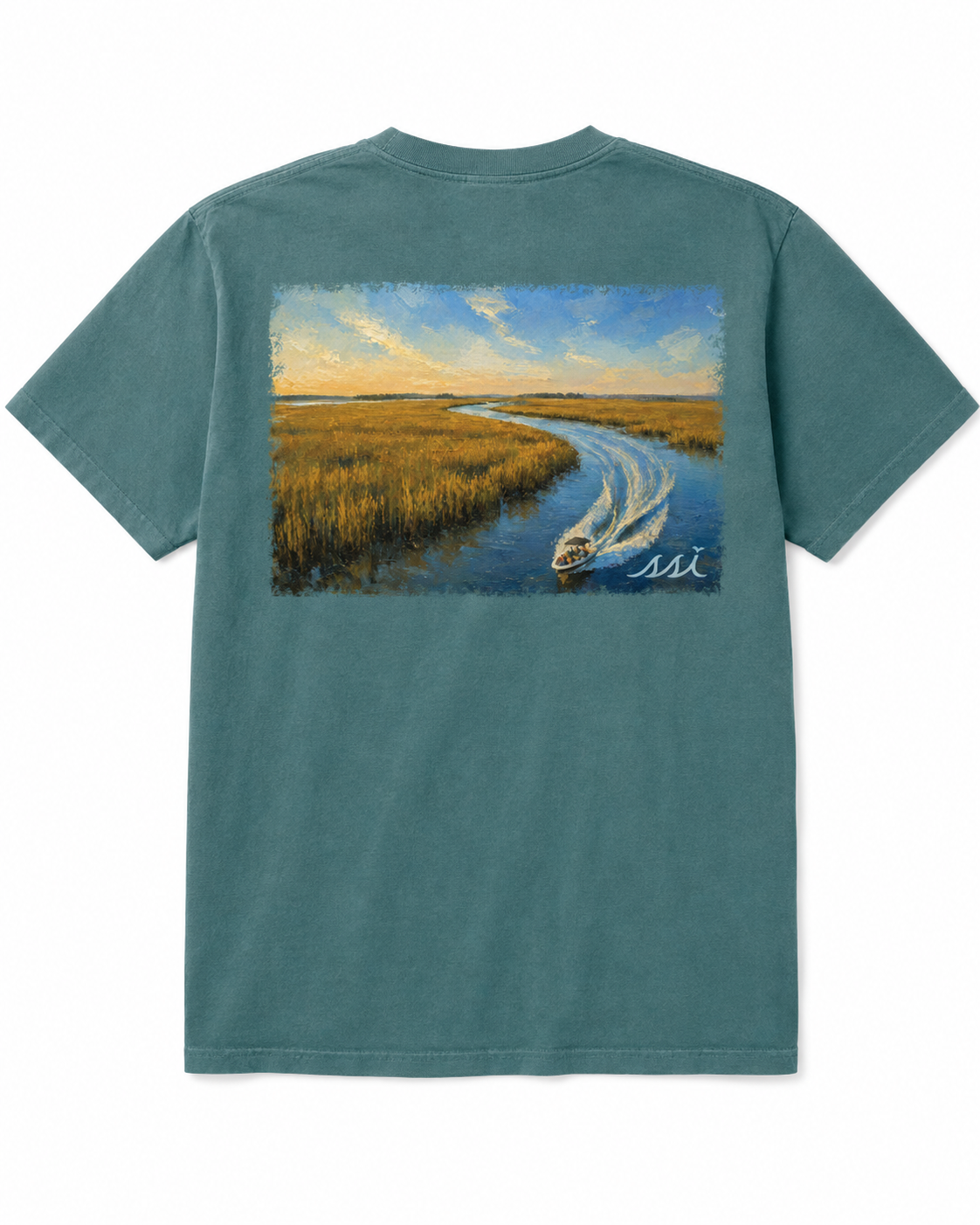 Spruce St. Simons Island Marsh Boat Comfort Colors T-Shirt — SSI Logo