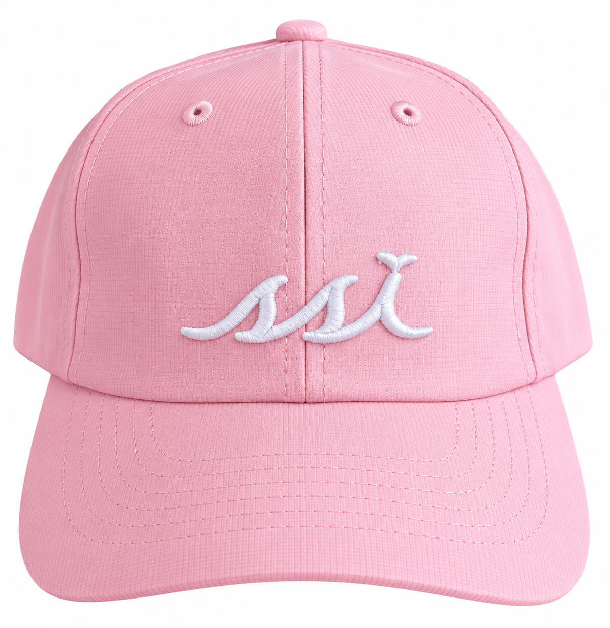 A light pink baseball cap with a white embroidered stylized 'MSI' logo on the front, shown against a plain white background.