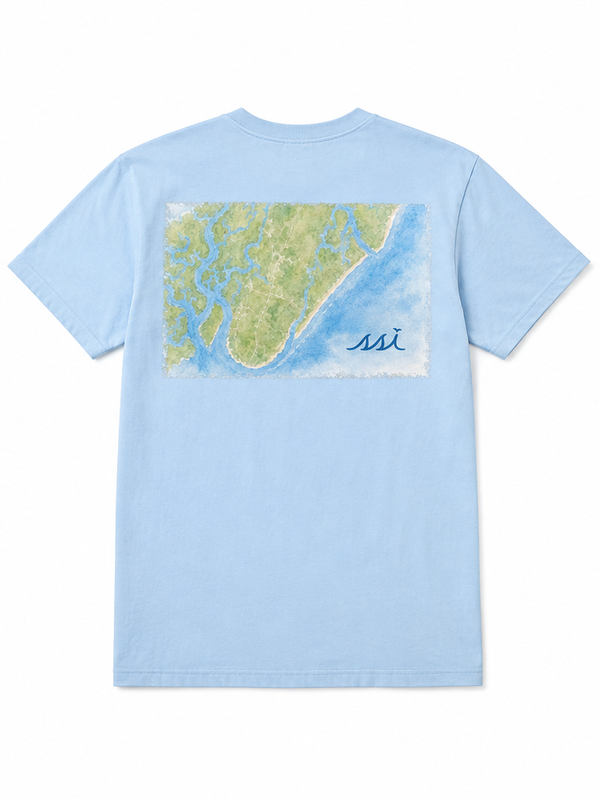 Hydrangea Blue St. Simons Island Aerial Map Comfort Colors Pocket T-Shirt — Blue SSI Logo