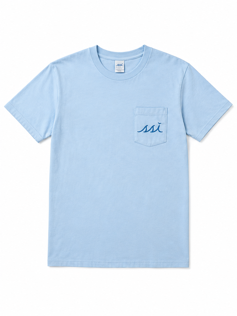 Hydrangea Blue St. Simons Island Aerial Map Comfort Colors Pocket T-Shirt — Blue SSI Logo