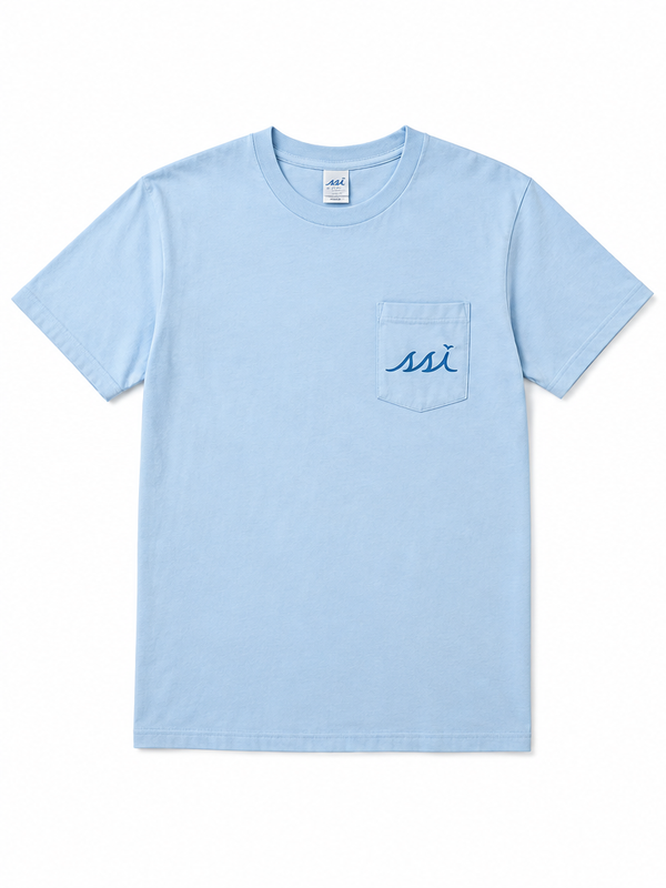 Hydrangea Blue St. Simons Island Aerial Map Comfort Colors Pocket T-Shirt — Blue SSI Logo