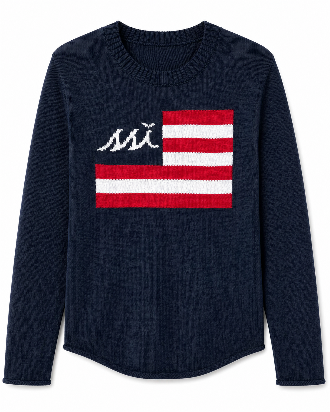 Navy Flag Sweater w White logo in the corner of the flag