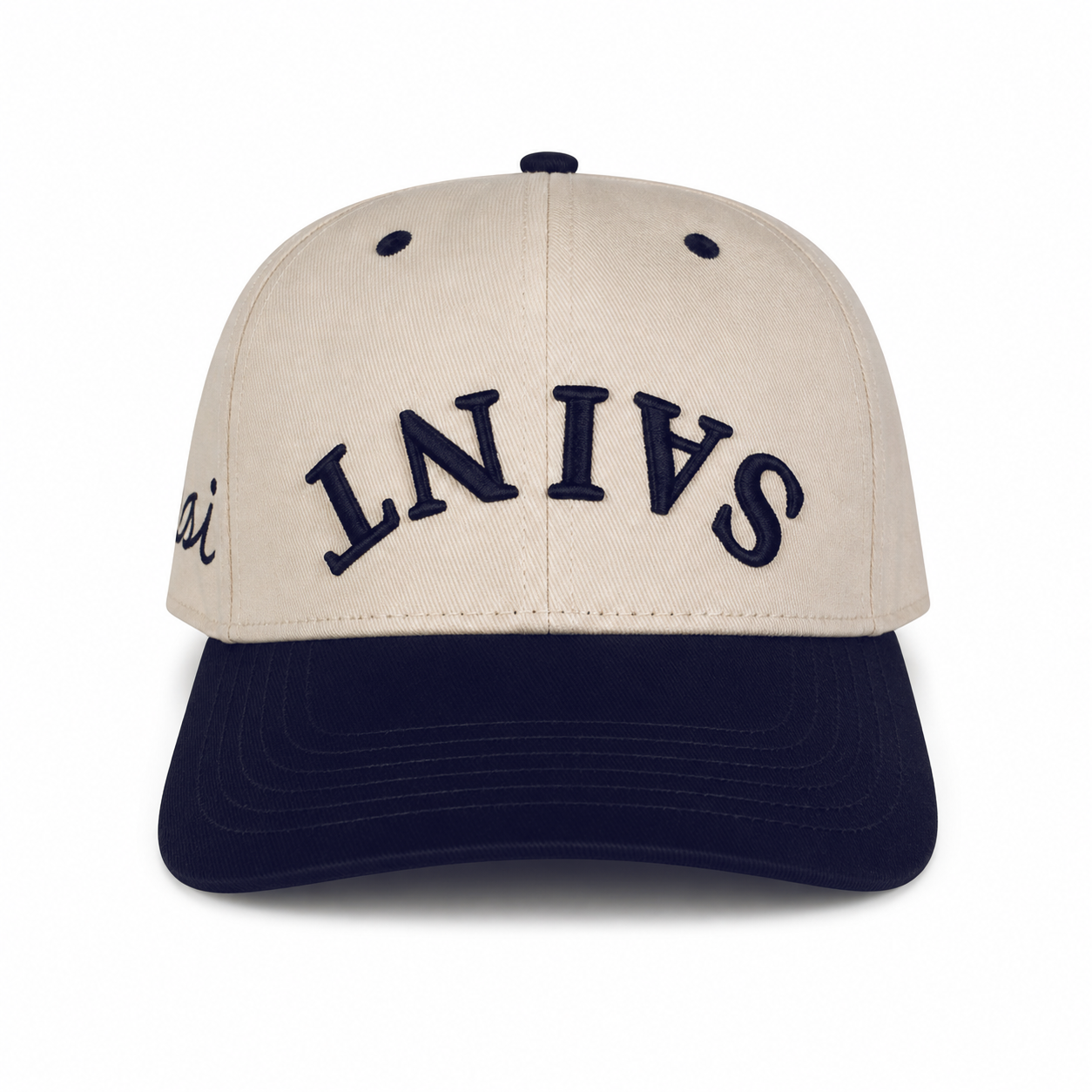 "SAINT" Heritage Cap — Stone Crown with Navy Bill