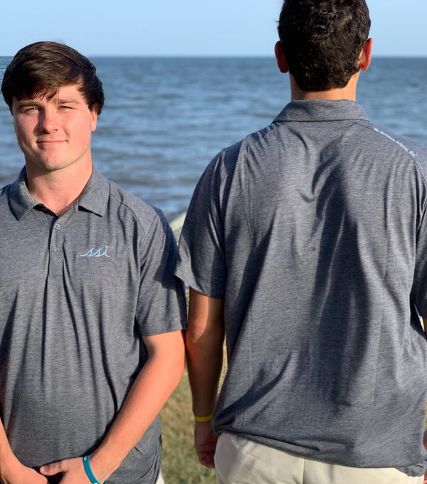 Mens Polo - Heather Dark Grey with baby blue logo
