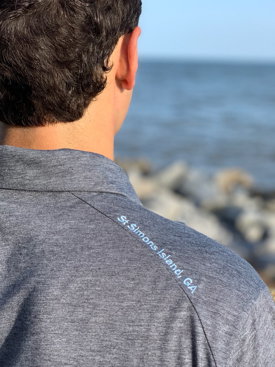 Mens Polo - Heather Dark Grey with baby blue logo