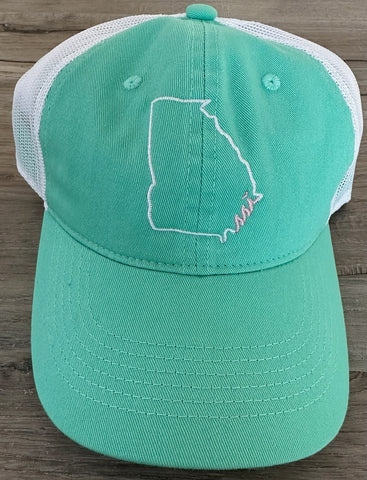 Mint Green Outdoor Hat / White State Outline/ Pink Logo / Adjustable