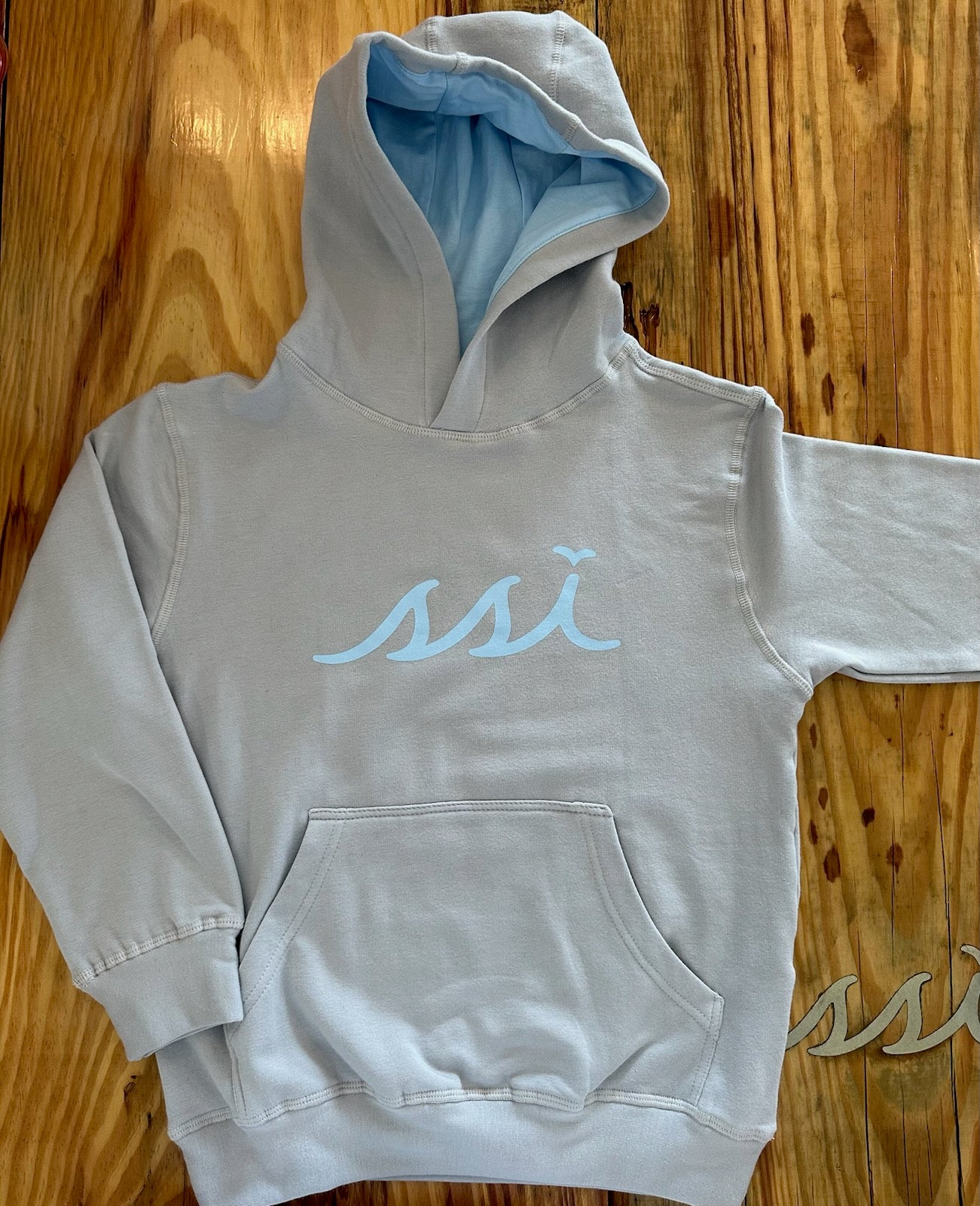 Kids Light Gray Modal Blend Hoodie with Baby Blue Logo on Front