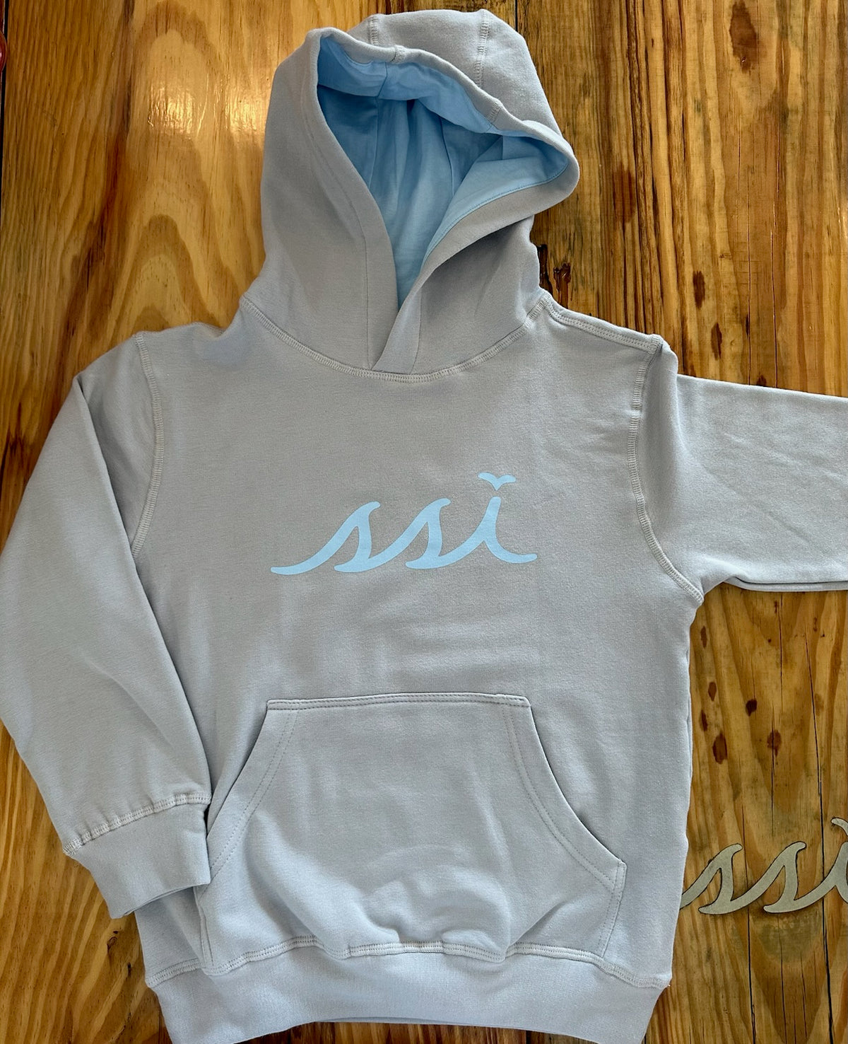 Kids Light Gray Modal Blend Hoodie with Baby Blue Logo on Front