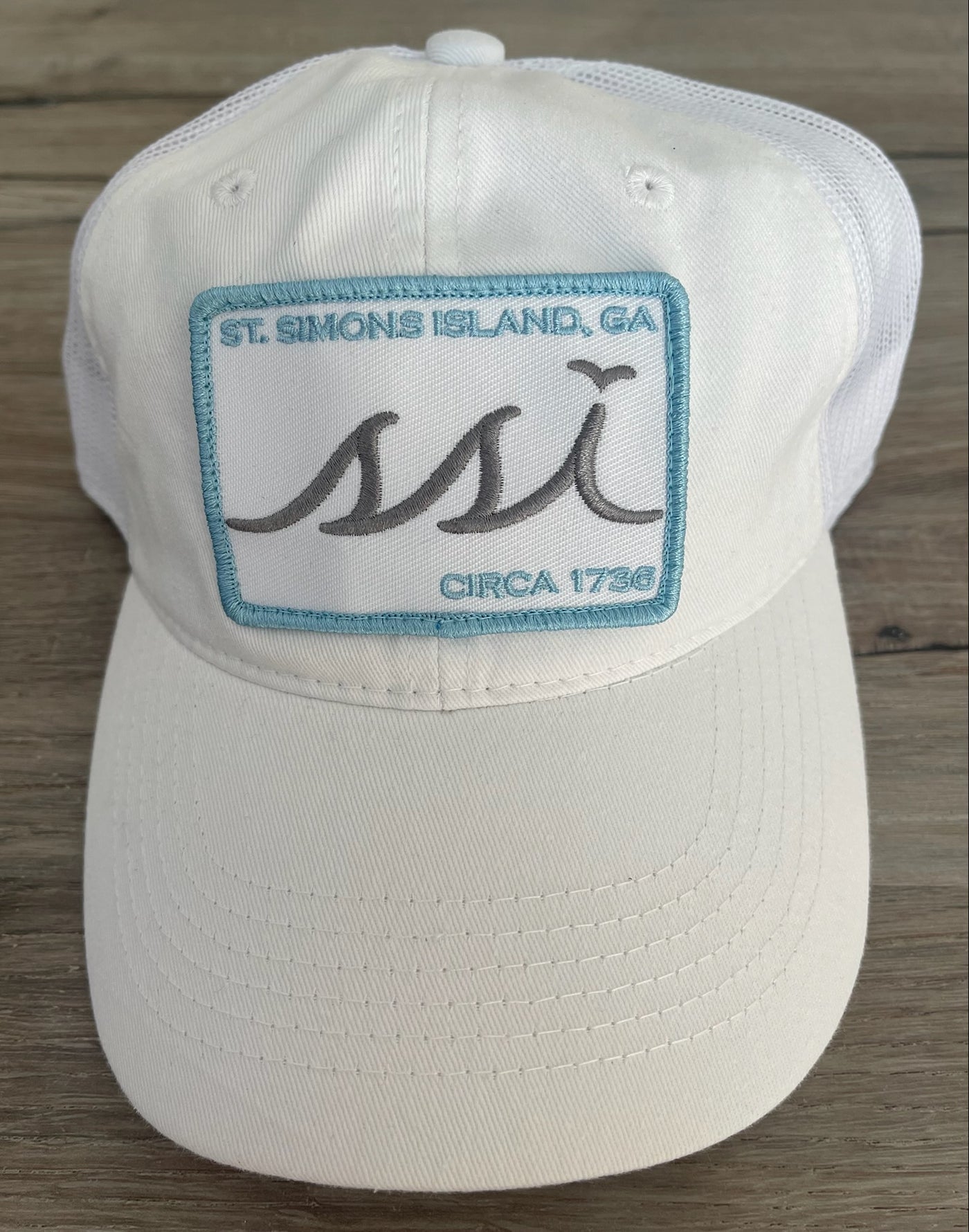 White Outdoor Hat /White patch /Gray Logo /Light Blue Border – White Mesh Back