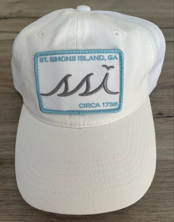 White Outdoor Hat /White patch /Gray Logo /Light Blue Border – White Mesh Back