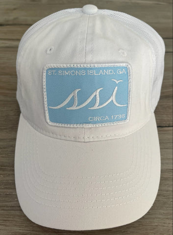 White Outdoor Hat / Light Blue patch/ White Logo & Border – White Mesh Back