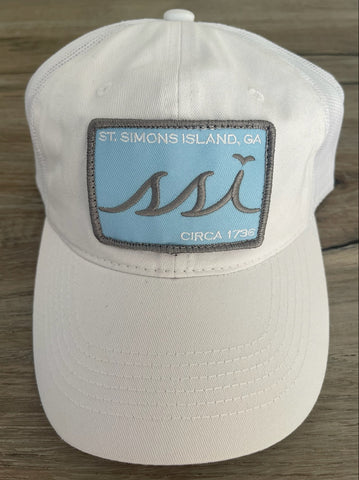 White Outdoor Hat /Light Blue patch /Gray Logo /Gray Border – White Mesh Back