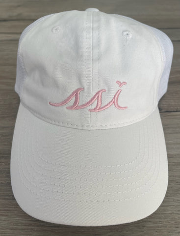 White Outdoor Hat /Pink Logo – White Mesh Back