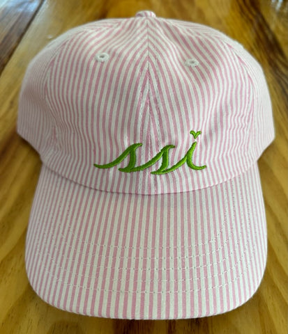 Pink Seersucker Hat with Green Logo