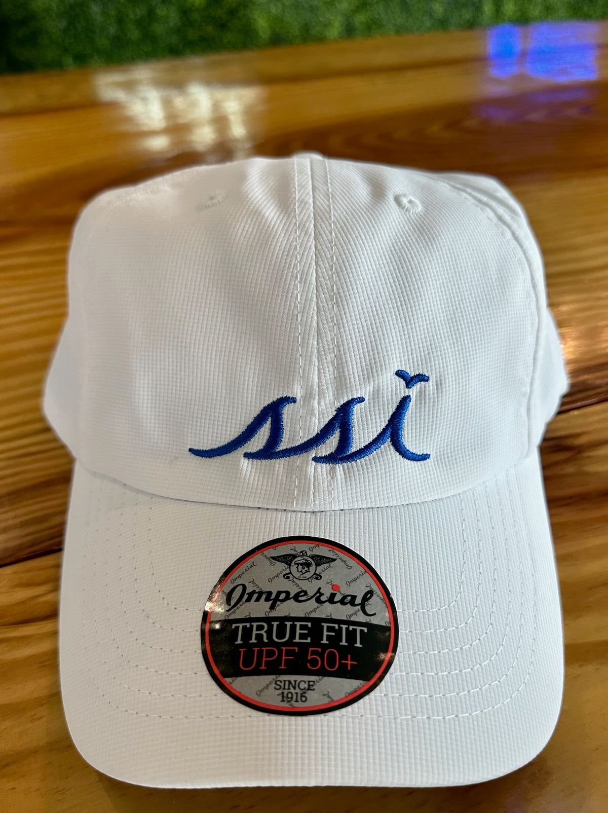White Imperial Hat (Regular Size) Royal Blue logo