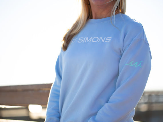 Light Blue Modal Blend Sweatshirt with White St Simons on Front and Aqua logo on Sleeve