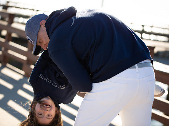 Kids Navy Modal Blend Hoodie Sweatshirt with Grey St Simons on Front and Grey Logo on Back