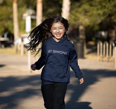 Kids Navy Modal Blend Hoodie Sweatshirt with Grey St Simons on Front and Grey Logo on Back