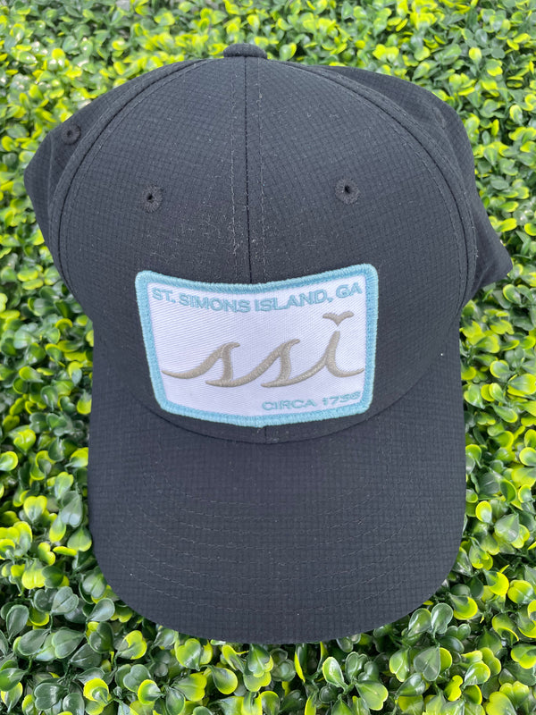 Black FlexFit Hat /White Patch/ Gray Logo/ Light Blue Border Adjustable
