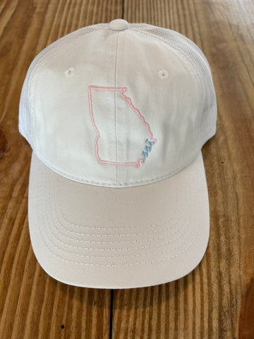 White Outdoor Hat / Pink State Outline/ Light Blue Logo / Adjustable