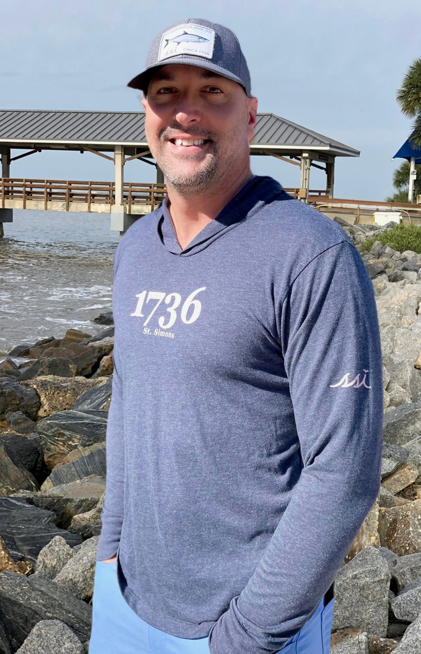 Long Sleeve T-Shirt Hoodie Blue with White Logo 1736