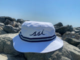 White bucket hat with navy band and logo