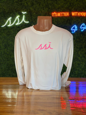 SPF 50 White w/ Pink Logo Sun Shirt / Rash Guard, Tarpon on back, Long Sleeve