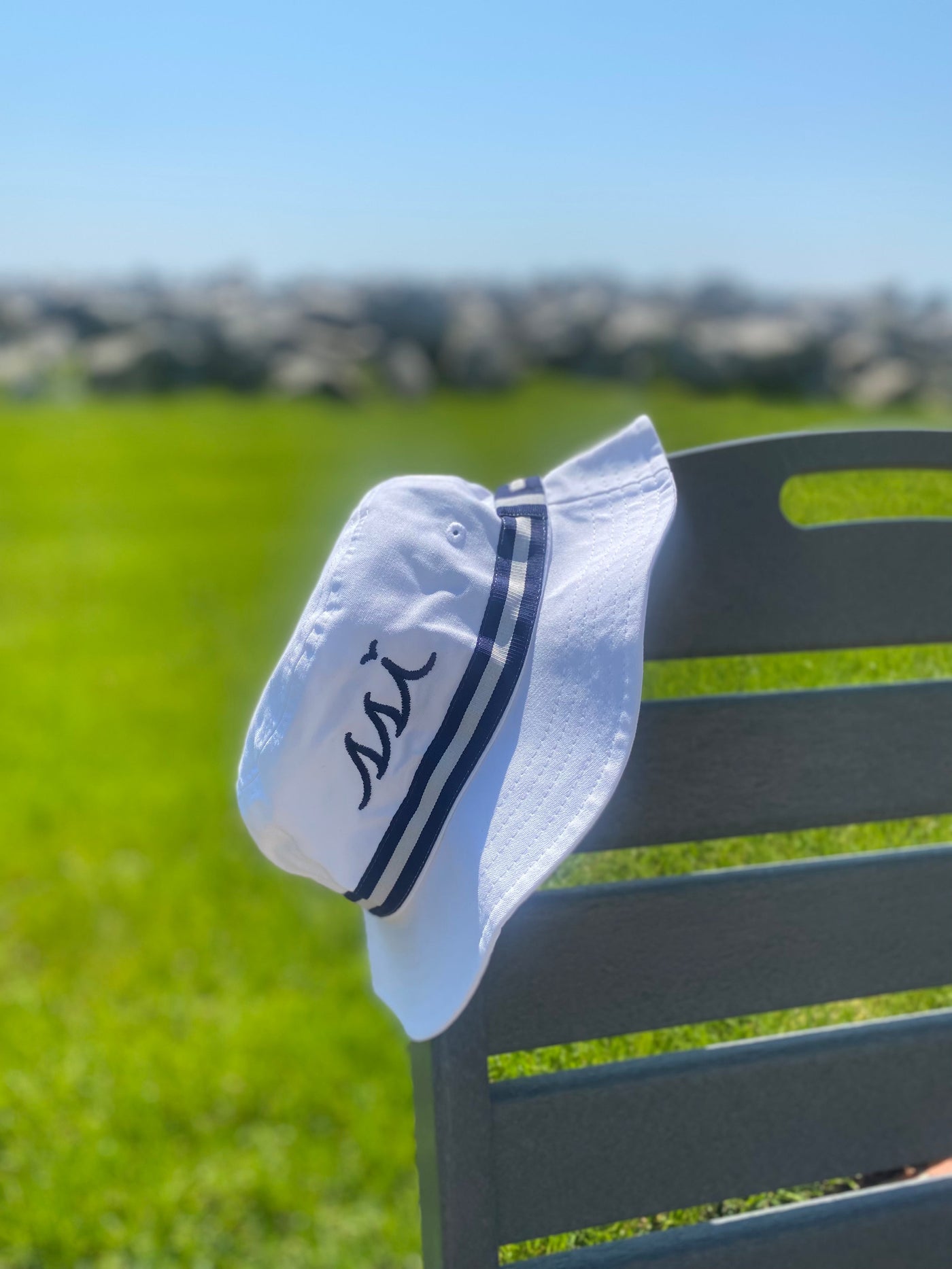 White Imperial Bucket Hat with Navy Band and Logo-Large