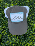 Charcoal Gray Outdoor hat / White patch/ Gray Logo / Light Blue Border – White Mesh Back